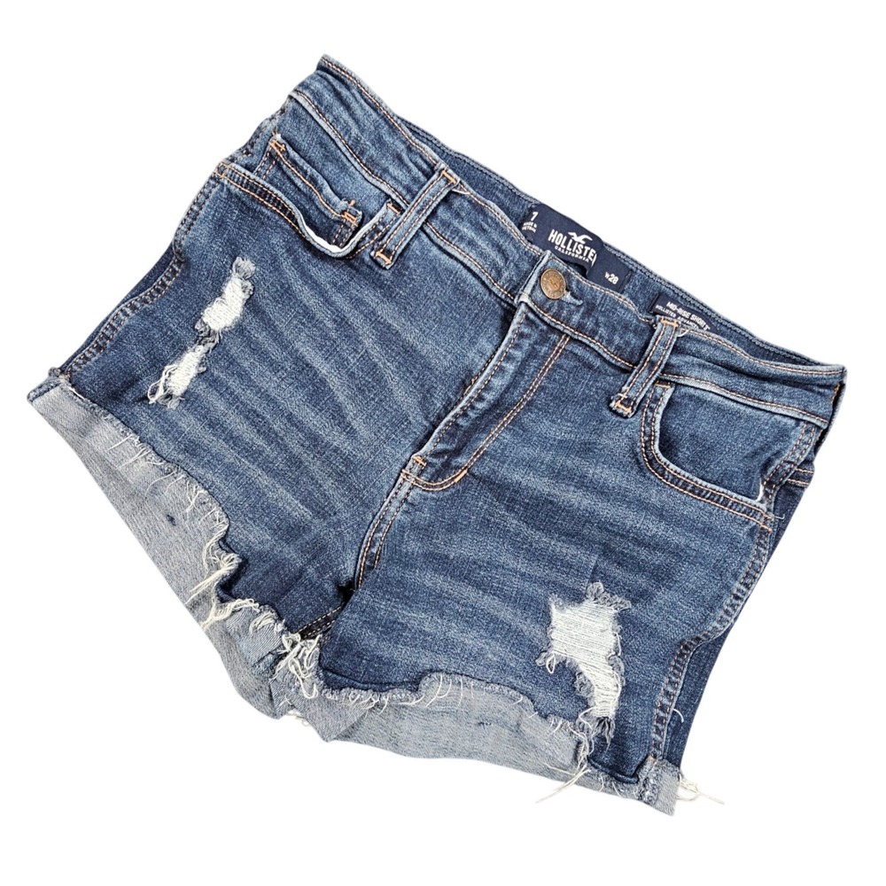 Hollister Mid Rise Distressed Denim Short 7 W28 Advanced Stretch 3" Raw Hem Blue